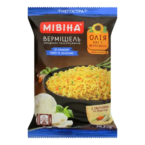 Вермішель швидкого приготування зі смаком сиру та зеленню негостра Мівіна, 59.2г