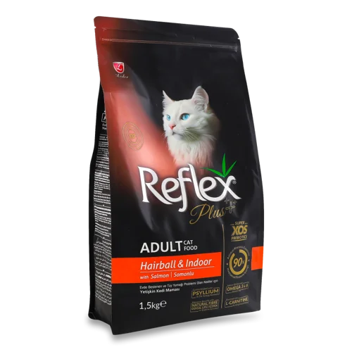 Корм сухий для котів повнораціонний та збалансований з лососем Hairball&Indoor Reflex Plus, м/у 1.5кг