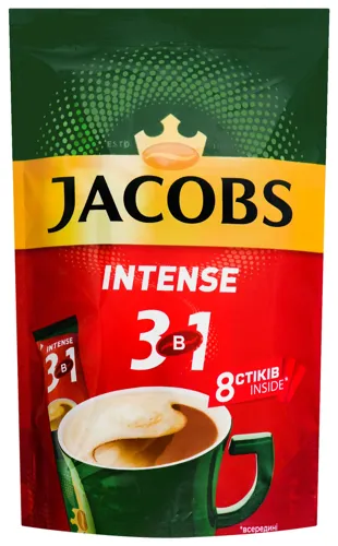 Напій кавовий розчинний з цукром і підсолоджувачами Intense 3в1 Jacobs д/п 8х12г