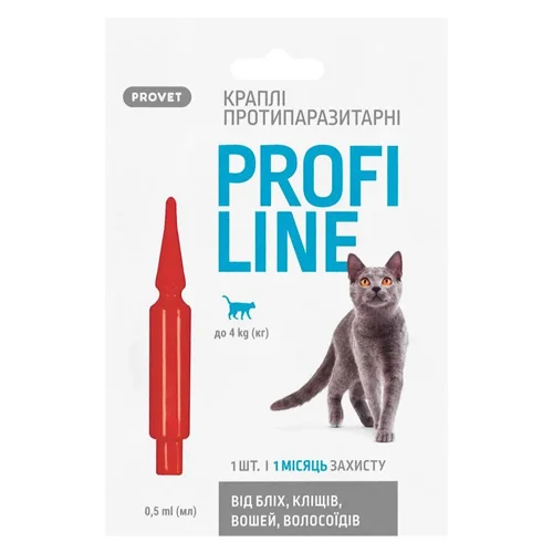 Краплі на холку ProVET Profiline для котів до 4кг від зовнішніх паразитів 1 піпетка
