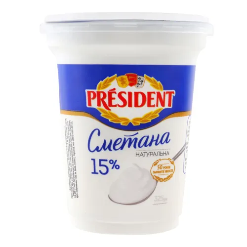 Сметана President 15% стакан, 300г