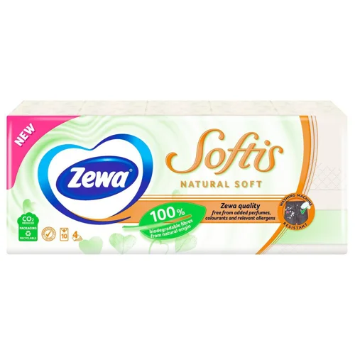 Хустинки паперові Zewa Natural Soft чотирьохшарові 9шт*10шт