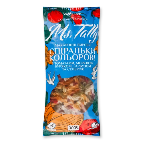 Макаронні Вироби Спіральки Кольорові З Томатами, Морквою, Буряком, Гарбузом Та Селерою Ms.Tally, м/у 300г