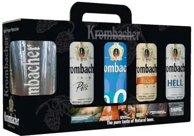 Подарунковий набір пива Krombacher Pils 4.8% 0.5л x 1 шт + Krombacher Weizen 4.8% 0.5л x 1 шт + Krombacher Hell 6% х 1 шт + Krombacher Pils 0% х 1 шт + бокал 0.4л