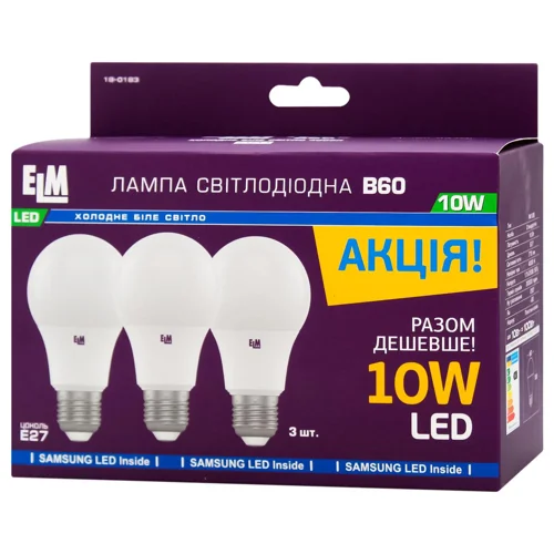 Лампа ELM LED B60 10W PA10S E27 4000 3шт