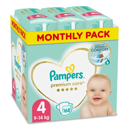 Підгузки Pampers Premium Care, Розмір 4, Вищий ґатунок, 9кг-14кг, 168 шт