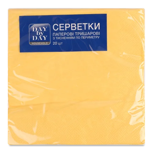 Серветки паперові 3-шарові з тисненням по периметру жовті, 33x33 см, Day by Day, 20 шт