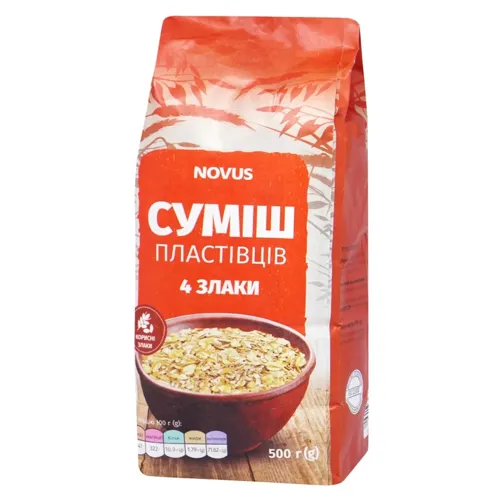 Суміш пластівців Novus 4 злаки грубого помолу 500г