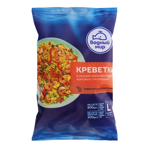 Креветки в панцирі північно-атлантичні глазуровані Водний Світ в/м м/у 800г