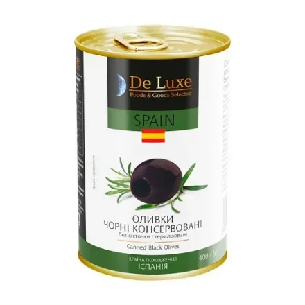 Оливки чорні 400г De Luxe Foods&Goods Selected без кісточки в залізній банці