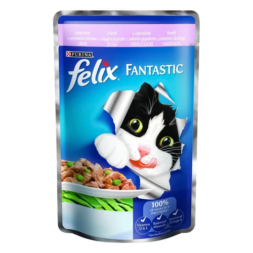 Корм Felix Fantastic З фореллю та зеленими бобами у желе для дорослих котів 100г