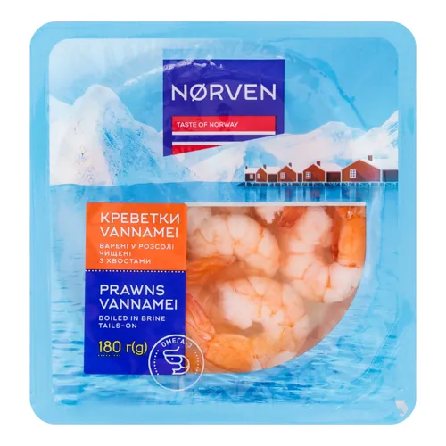 Креветки варені у розсолі чищені Vannamei Norven лоток 180г