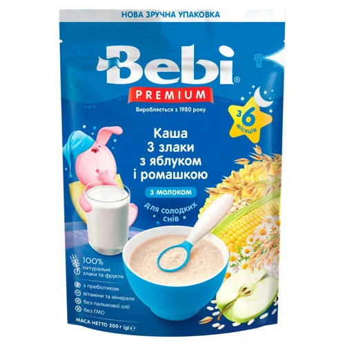 Каша молочна Bebi Premium 3 злака с яблуком і ромашкою для дітей з 6 місяців 200г