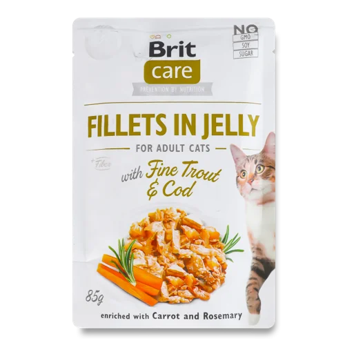 Вологий Корм Для Дорослих Котів Fillets In Jelly With Fine Trout & Cod Care Brit, в/ґ, 85г
