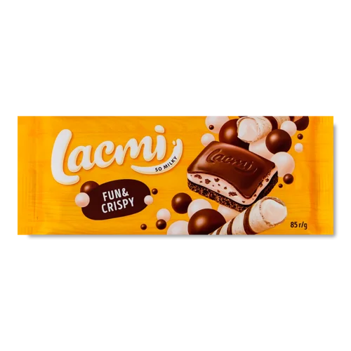 Молочний Пористий Шоколад з Молочною Начинкою та Рисовими Кульками Fun&Crispy Lacmi Roshen, в/ґ, 85г