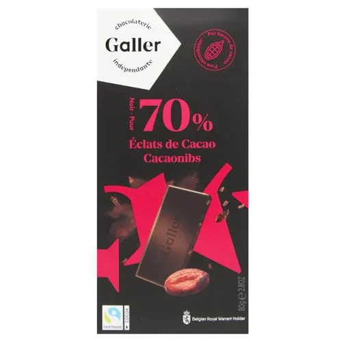 Шоколад чорний Galler хрусткий зі шматочками какао 70%, 80г