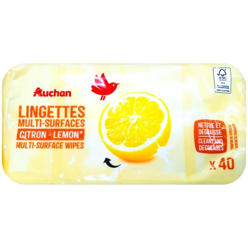 Серветки Auchan Лимон очищуючі для всіх поверхонь 40шт