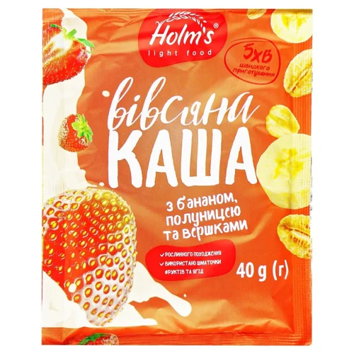 Каша вівсяна Holm's з бананом полуницею та вершками 40г