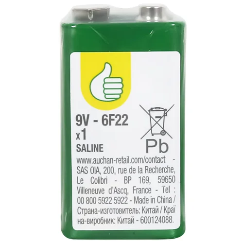 Батарейки Auchan сольові 6F22 1шт