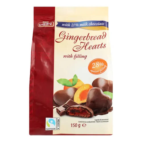 Пряники з абрикосовою начинкою покриті молочним шоколадом Gingerbread Hearts Lambertz м/у 150г