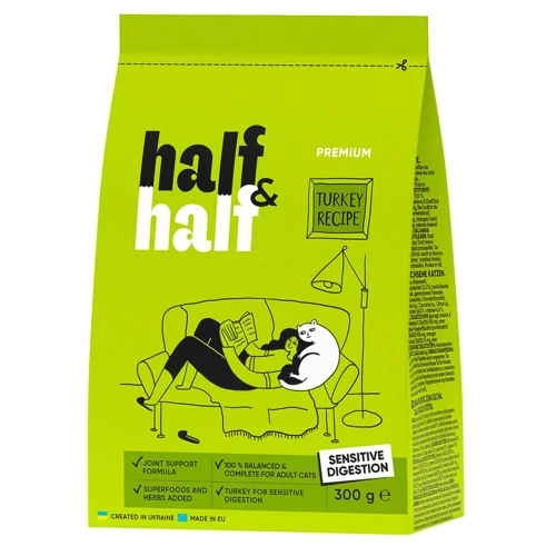 Корм сухий Half&Half з індичкою для котів з чутливим травленням 300г