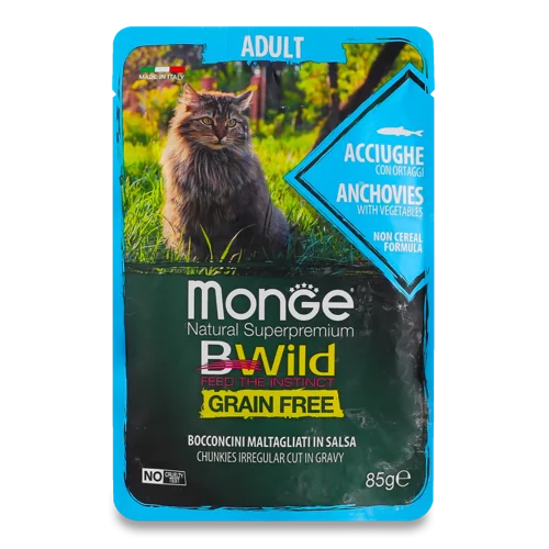 Вологий Беззерновий Корм Для Дорослих Котів з Анчоусами та Овочами, BWild Natural Superpremium Monge, 85г
