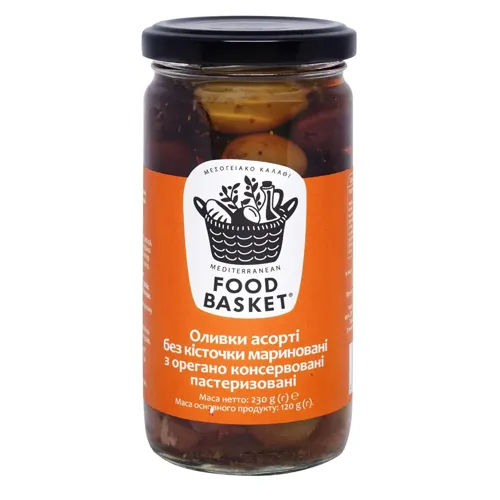 Оливки Food basket Асорті без кісточки мариновані з орегано пастеризовані 260г