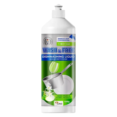 Засіб для миття посуду Wash&Free Зелене яблуко та екстракт едельвейса 1л