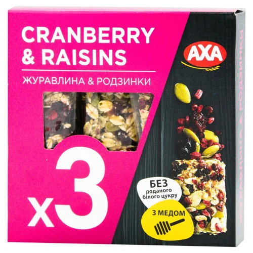 Батончик AXA з журавлиною, родзинками, злаками та медом 30г х 3шт