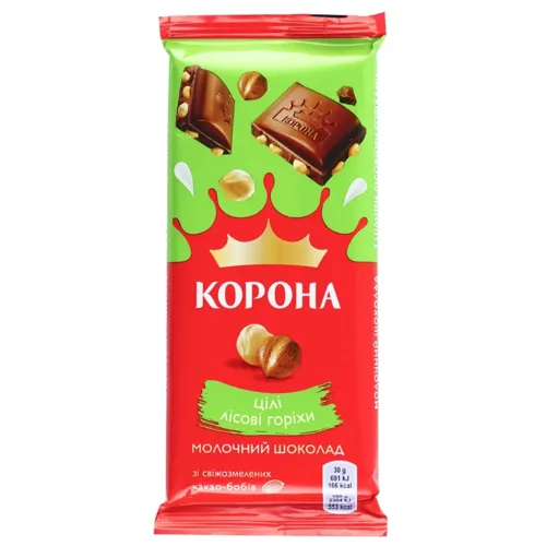 Шоколад молочний Корона з цілими лісовими горіхами у плитках 100г