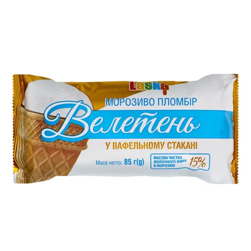 Морозиво 15% пломбір у вафельному стакані Велетень Laska м/у 85г