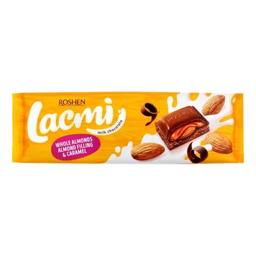 Шоколад молочний з цілим мигдалем, мигдальною начинкою та карамеллю Lacmi Roshen м/у 300г