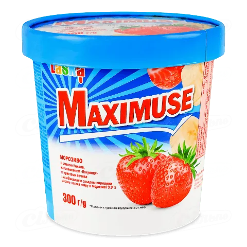 Морозиво Laska Maximuse з бананом, полуницею та печивом, 300г