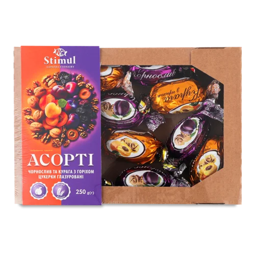 Цукерки Глазуровані Асорті Чорнослив та Курага з Горіхом, к/у, 250г