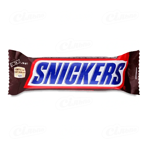 Батончик зі смаженим арахісом, карамеллю і нугою, вкритий молочним шоколадом Snickers, 50г
