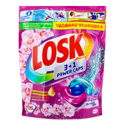 Засіб для Прання В Капсулах, 3+1, Малазійська Квітка, Ароматерапія, Losk, 26х13г