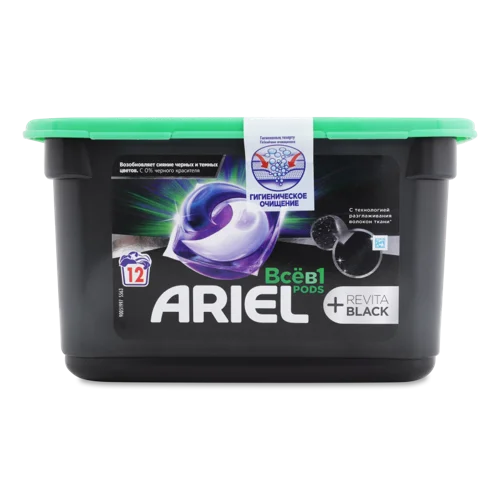 Миючий Засіб Синтетичний Рідкий В Розчинних Капсулах Все В 1 Pods+Revita Black Ariel, 12х21.3г