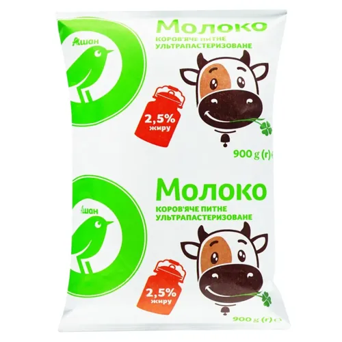 Молоко Ашан ультрапастеризоване 2,5% 900г