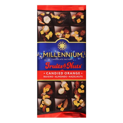 Шоколад чорний з мигдалем, цілими лісовими горіхами, апельсиновими цукатами та родзинками Fruits&Nuts Millennium м/у 90г