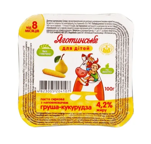 Паста сиркова Яготинське для дітей груша-кукурудза з 8 місяців 4.2% 100г