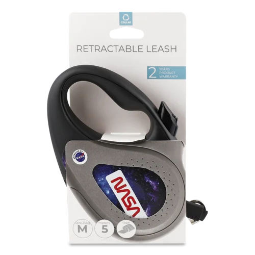 Повідець-рулетка для собак до 25 кг, R-leash NASA21, чорний, світловідбиваюча стрічка, п/пл, 5 м