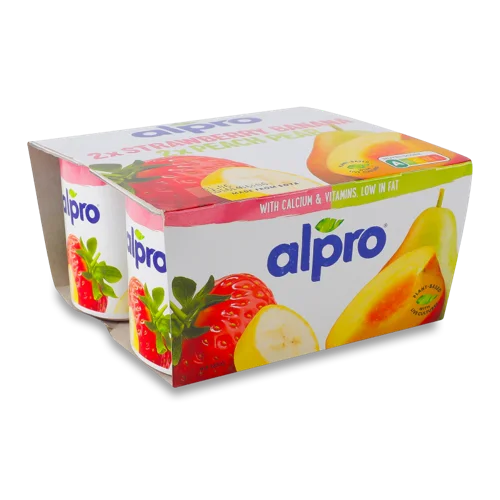Соєвий Ферментований Йогурт Полуниця-Банан, Персик-Груша, Alpro, к/у, 4х125г
