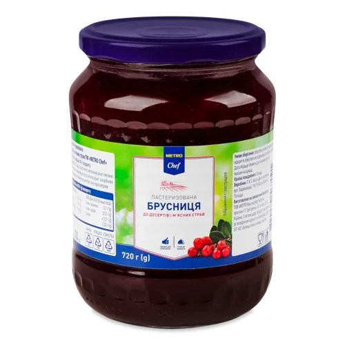 Брусниця Натуральна Пастеризована для Десертів і М'ясних Страв, Скляна Банка 720г