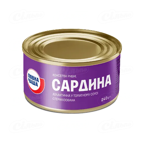 Сардина «Повна Чаша» атлантична в томатному соусі, 240г