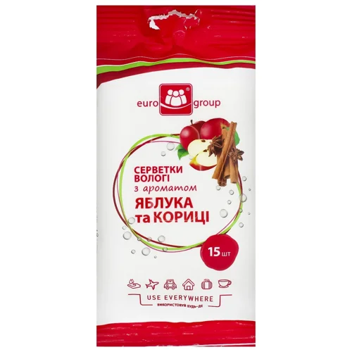 Серветки вологі Eurogroup з ароматом яблука та кориці 15шт