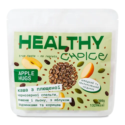 Каша З Плющеної Чорнозерної Спельти, Ячменю, Льону З Яблуком, Родзинками Та Корицею, Apple Hugs Healthy Choice, д/п, 300г