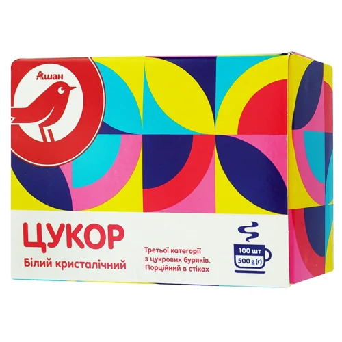 Цукор Auchan білий кристалічний в стіках 100шт 500г
