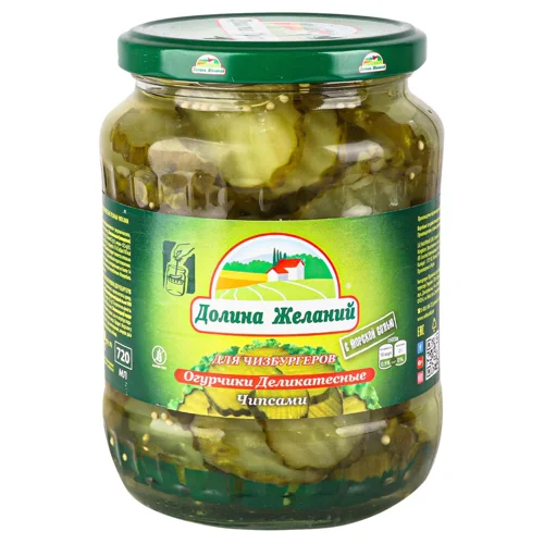 Огірочки Долина Бажань Делікатесні для чизбургерів різані чіпсами мариновані 720мл