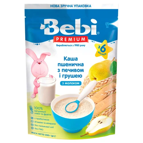 Каша молочна Bebi Premium пшенична з печивом та грушами для дітей з 6 місяців 200г