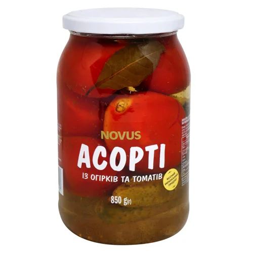 Асорті огірків і томатів Novus мариновані 850г